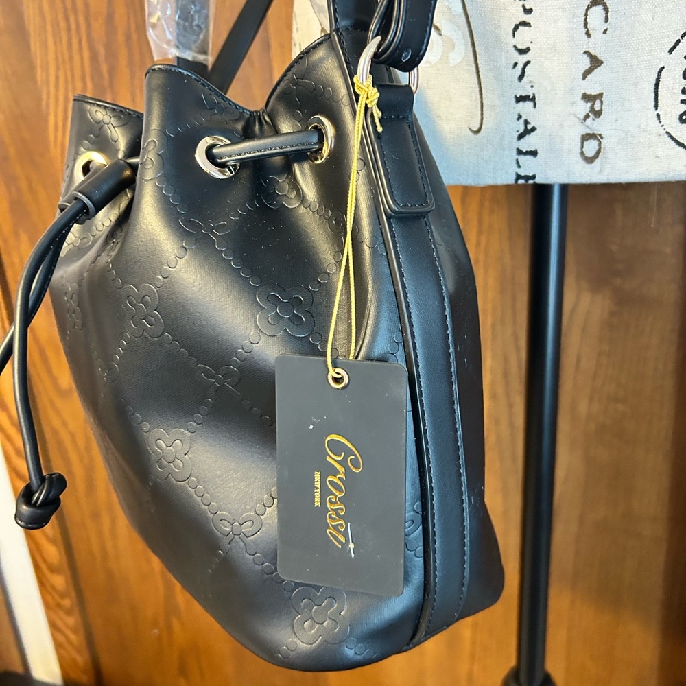 Black Embossed Drawstring Bag NWT - image 3